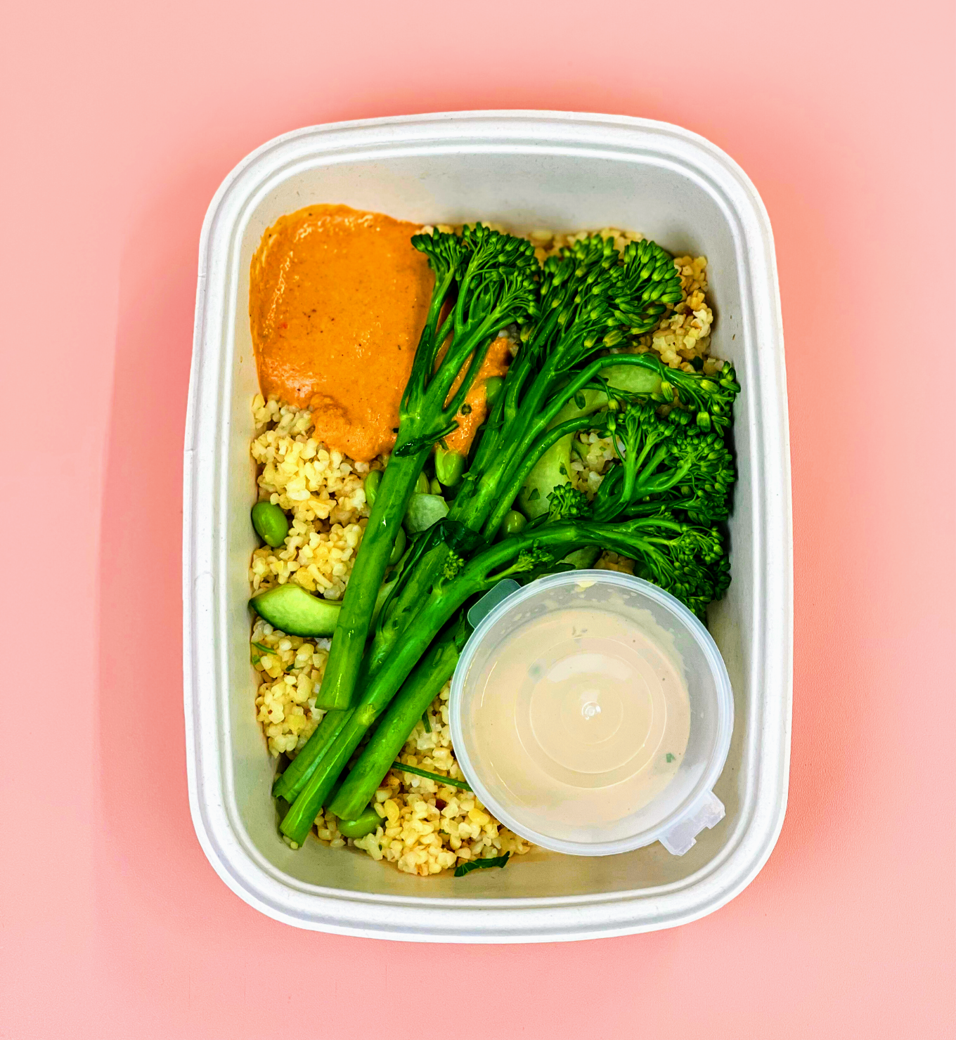 Tenderstem Broccoli Grain Bowl with Roasted Red Pepper Hummus and Maple, Miso, Tahini  dressing