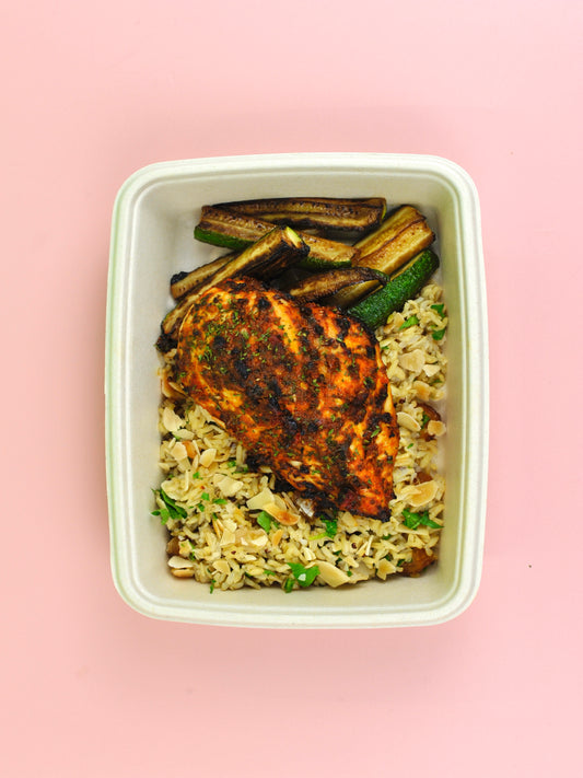 MOROCCAN ROAST CHICKEN BREAST, DATE & ALMOND BULGAR WHEAT, GRILLED COURGETTES